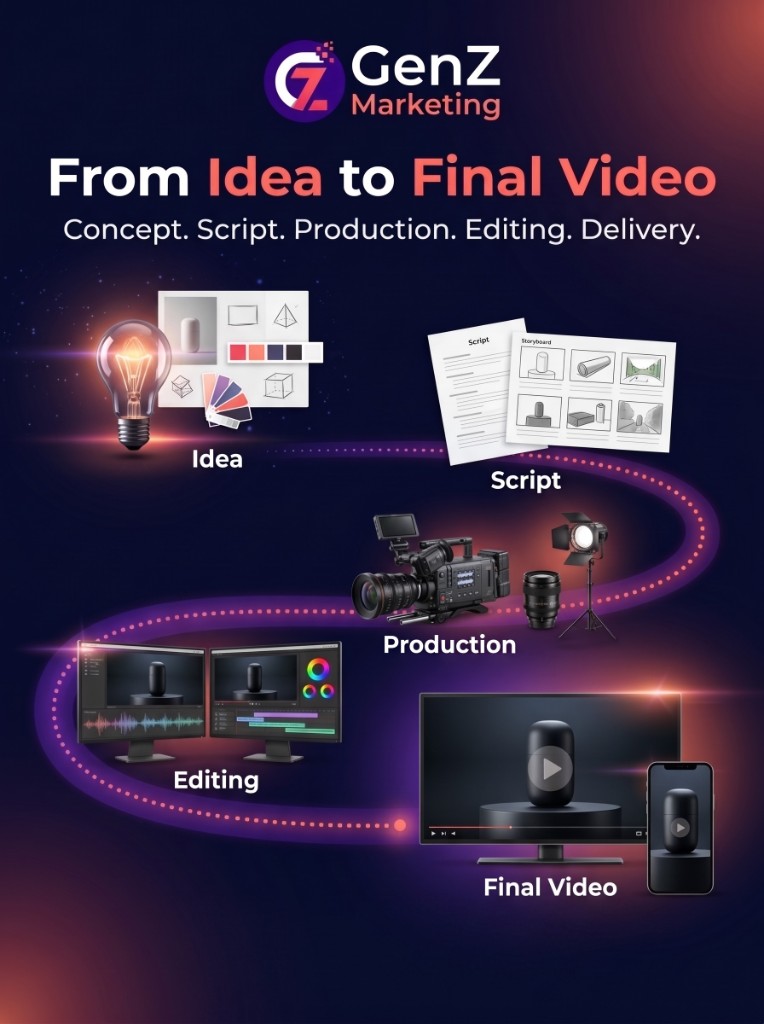 GenZ Marketing video production process: idea, script, production, editing and final video